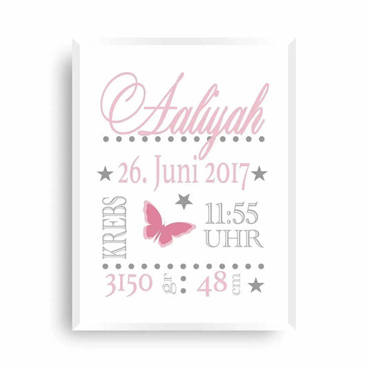 Namensbild mit Schmetterling | personalisiertes Geburtsbild - Wandschmuck-Shop.de